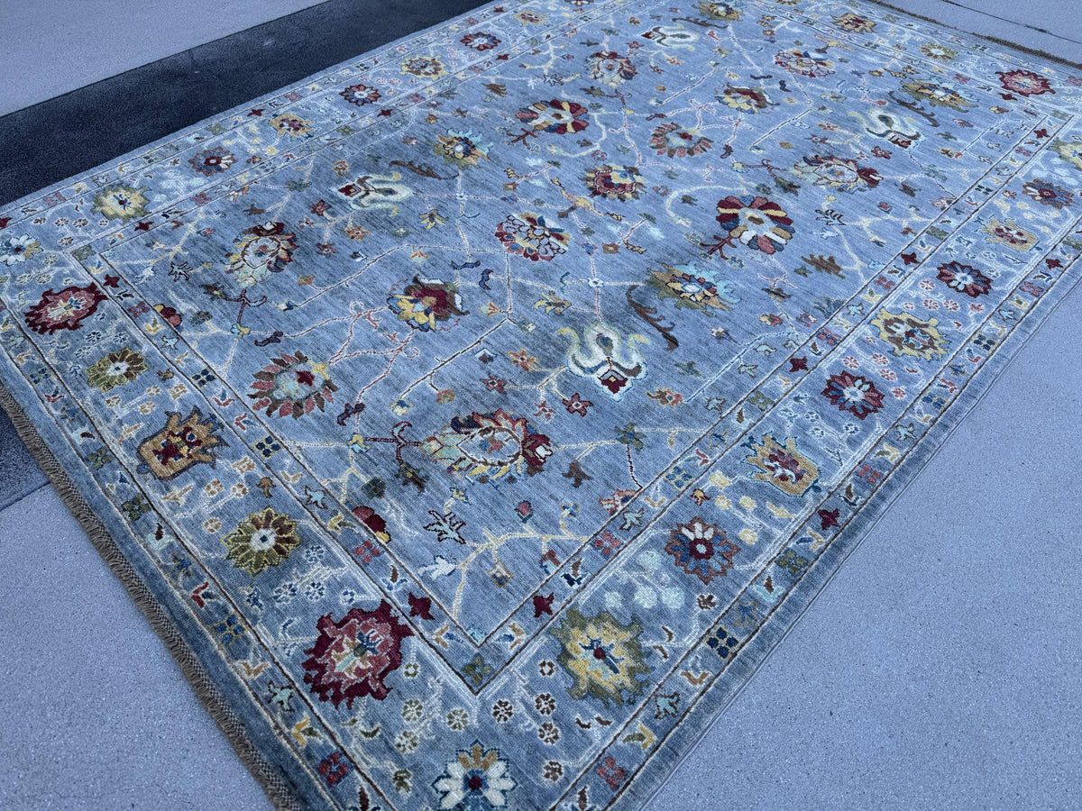 6x8 Handmade Afghan Wool Rug | Steel Blue Floral Oushak Style Area Rug | Burgundy and Gold Accents | Hand-Knotted Carpet