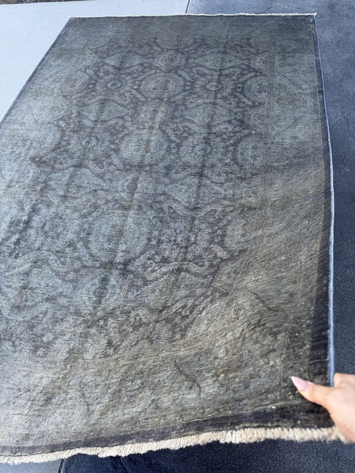 6x9 Handmade Afghan Wool Rug | Charcoal Grey Tone-on-Tone Area Rug | Muted Distressed Look | Hand-Knotted Modern Carpet