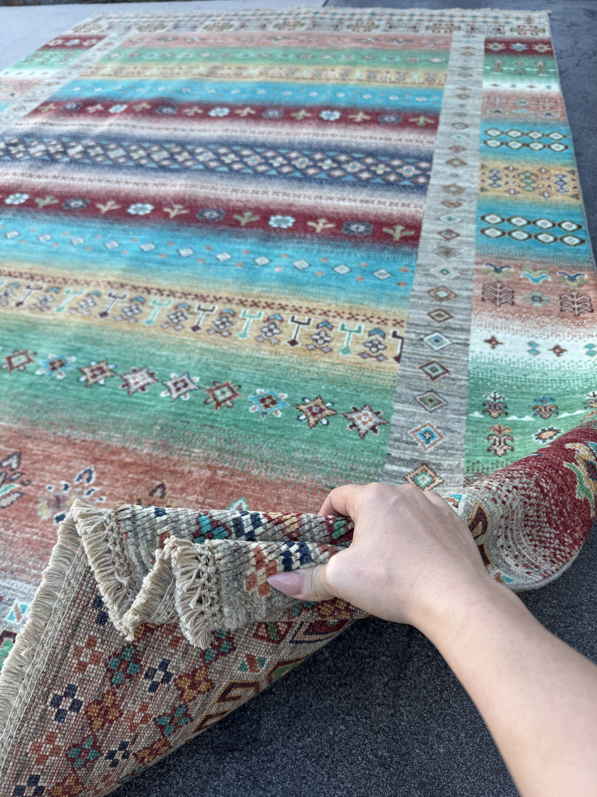 6x9 Handmade Afghan Wool Rug | Turquoise and Coral Striped Tribal Area Rug | Colorful Boho Hand-Knotted Carpet