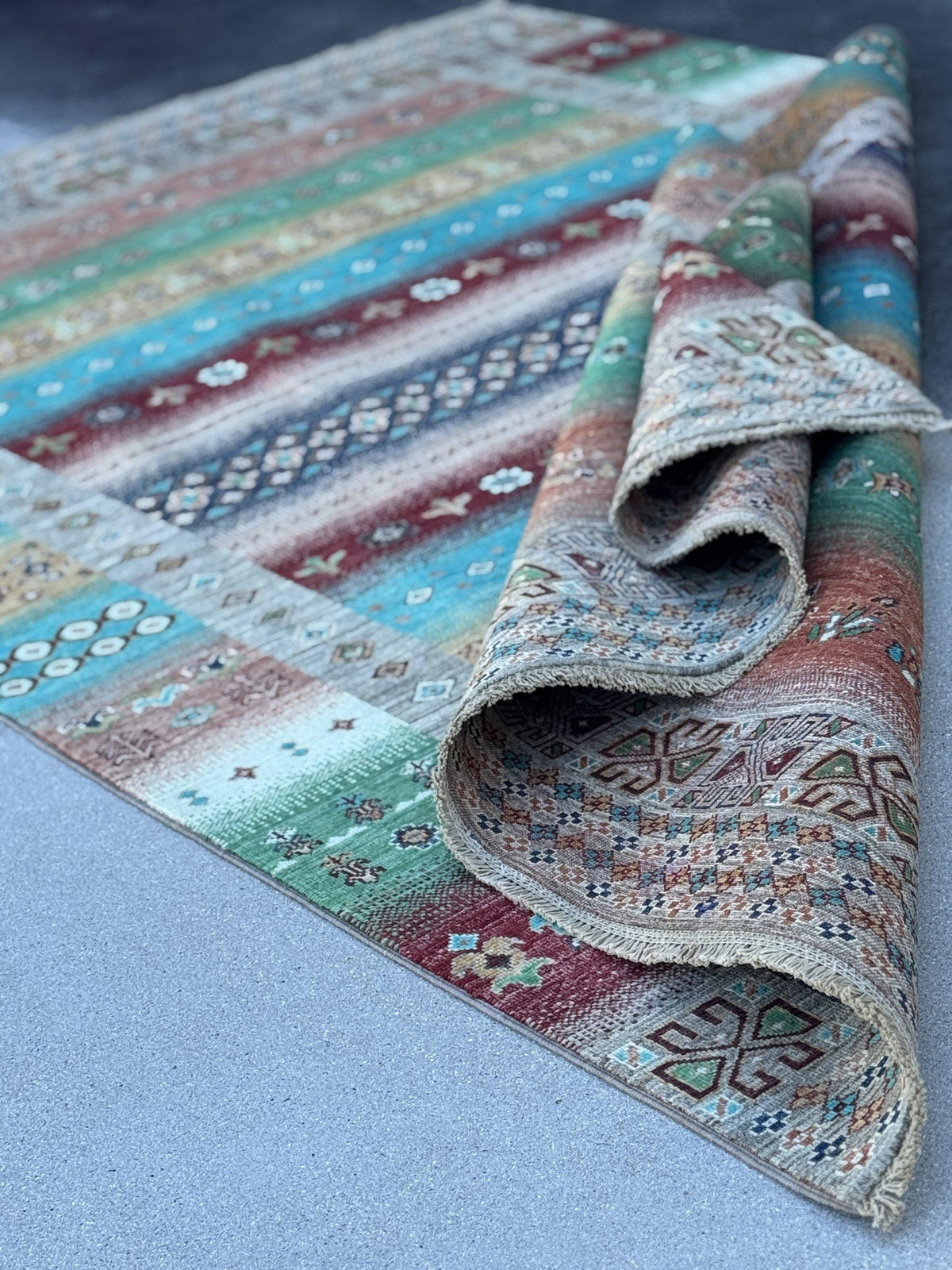 6x9 Handmade Afghan Wool Rug | Turquoise and Coral Striped Tribal Area Rug | Colorful Boho Hand-Knotted Carpet