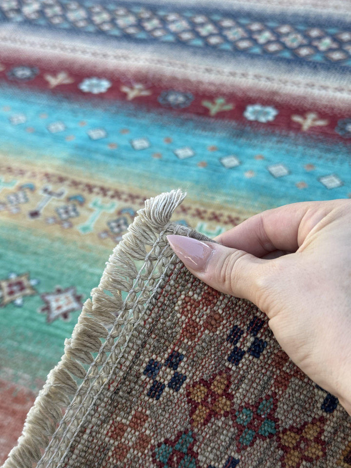 6x9 Handmade Afghan Wool Rug | Turquoise and Coral Striped Tribal Area Rug | Colorful Boho Hand-Knotted Carpet