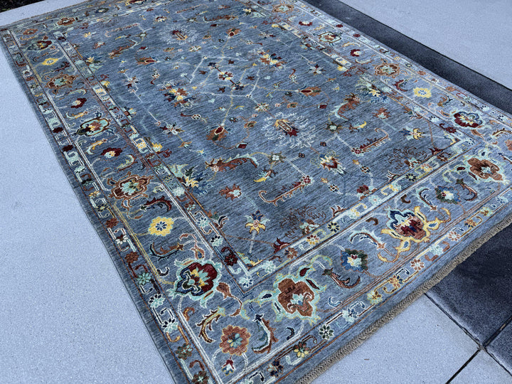 6x9 Handmade Afghan Wool Rug | Slate Blue Grey Floral Oushak Style Area Rug | Rust and Gold Accents | Hand-Knotted Carpet