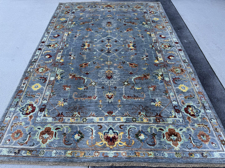 6x9 Handmade Afghan Wool Rug | Slate Blue Grey Floral Oushak Style Area Rug | Rust and Gold Accents | Hand-Knotted Carpet