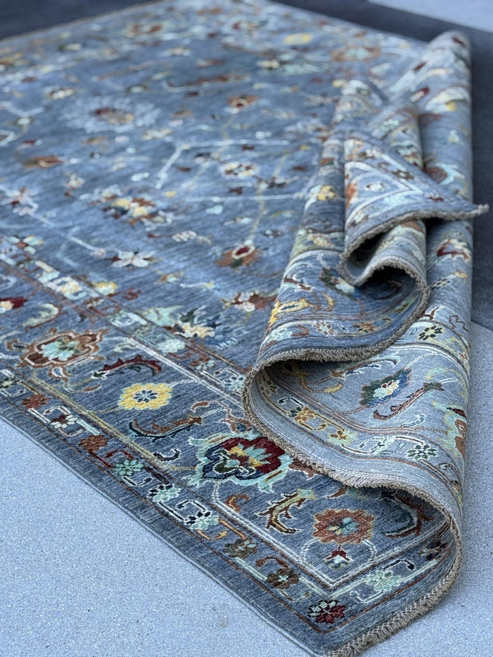 6x9 Handmade Afghan Wool Rug | Slate Blue Grey Floral Oushak Style Area Rug | Rust and Gold Accents | Hand-Knotted Carpet