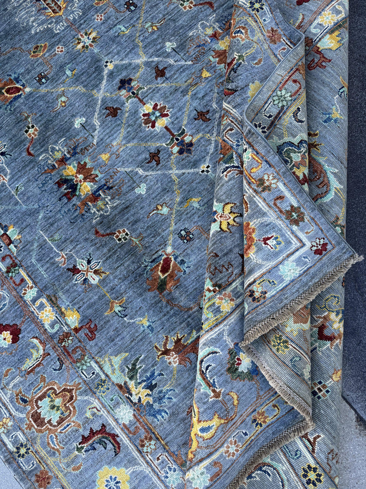 6x9 Handmade Afghan Wool Rug | Slate Blue Grey Floral Oushak Style Area Rug | Rust and Gold Accents | Hand-Knotted Carpet
