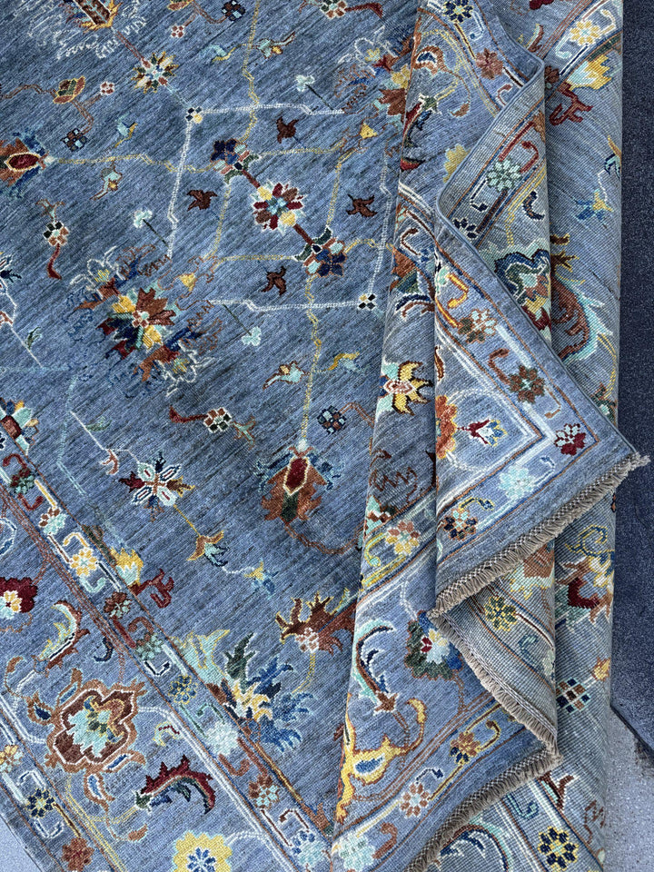 6x9 Handmade Afghan Wool Rug | Slate Blue Grey Floral Oushak Style Area Rug | Rust and Gold Accents | Hand-Knotted Carpet