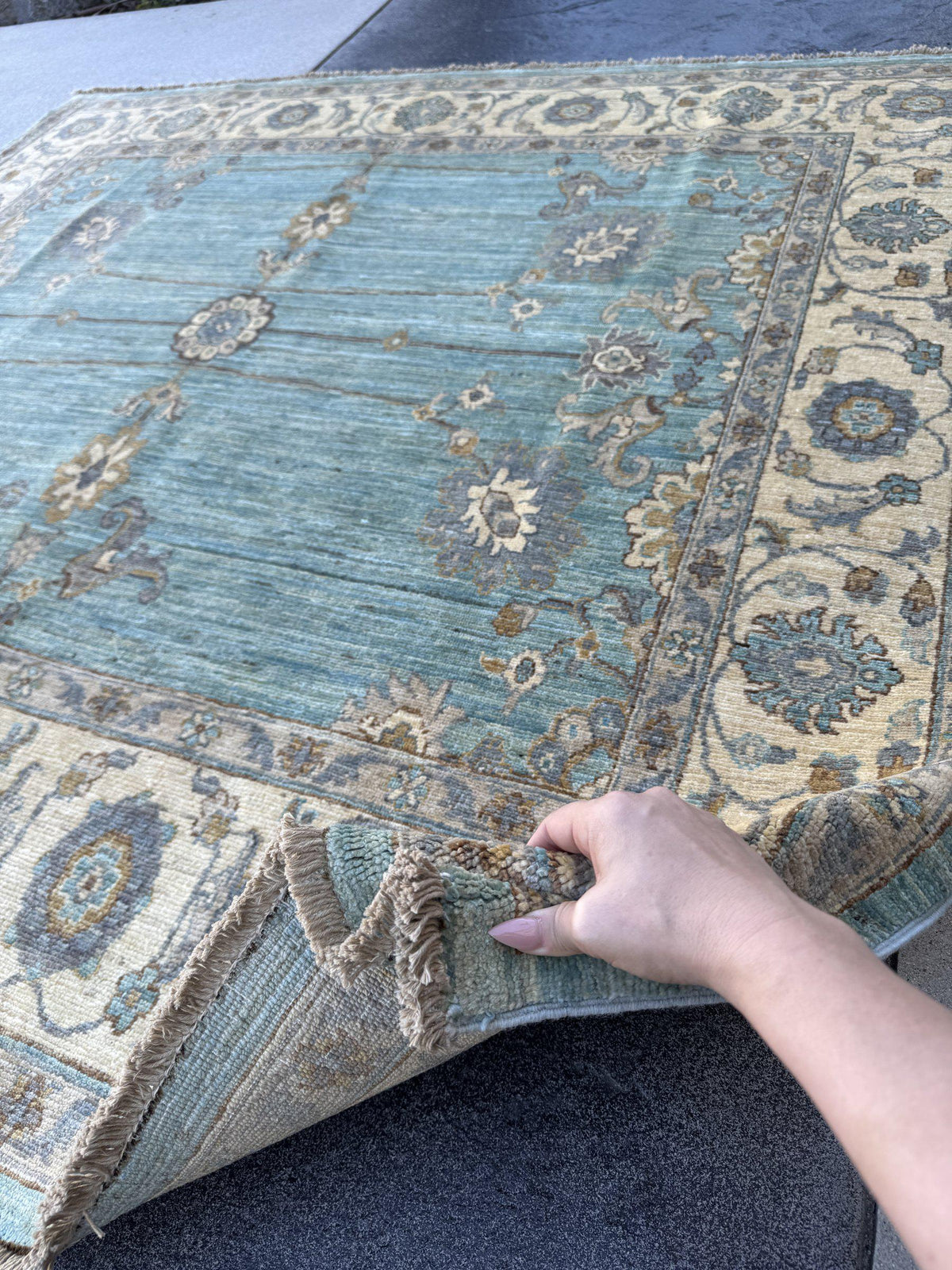 6x6 Square Handmade Afghan Wool Rug | Aqua Blue and Cream Floral Area Rug | Soft Muted Oushak Style | Hand-Knotted Carpet