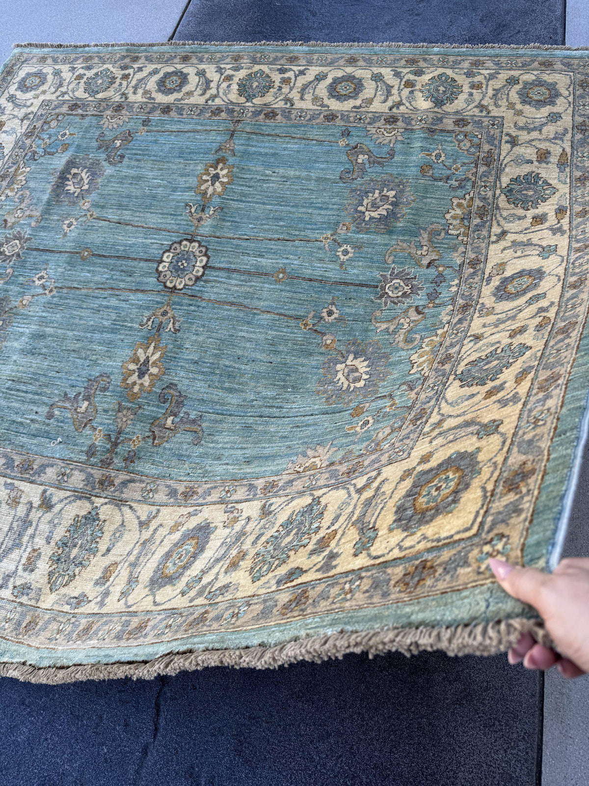 6x6 Square Handmade Afghan Wool Rug | Aqua Blue and Cream Floral Area Rug | Soft Muted Oushak Style | Hand-Knotted Carpet