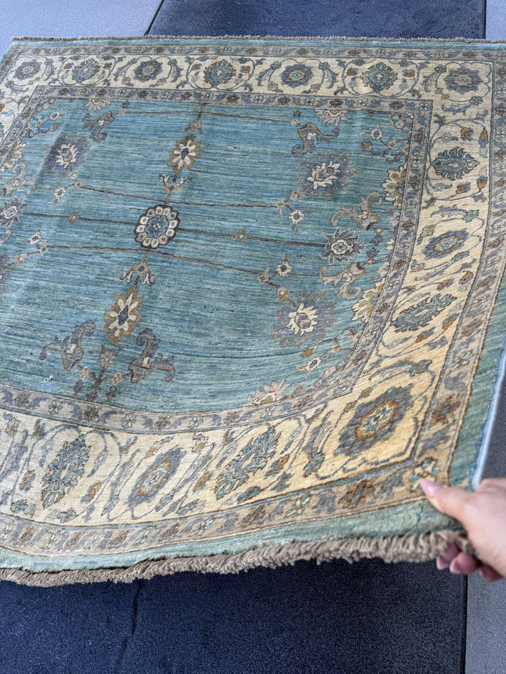 6x6 Square Handmade Afghan Wool Rug | Aqua Blue and Cream Floral Area Rug | Soft Muted Oushak Style | Hand-Knotted Carpet