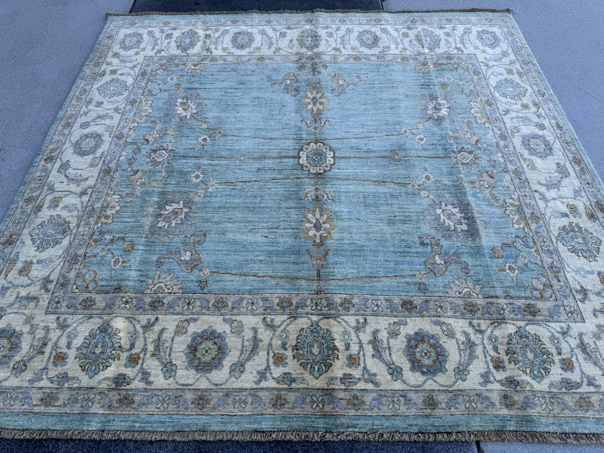 6x6 Square Handmade Afghan Wool Rug | Aqua Blue and Cream Floral Area Rug | Soft Muted Oushak Style | Hand-Knotted Carpet