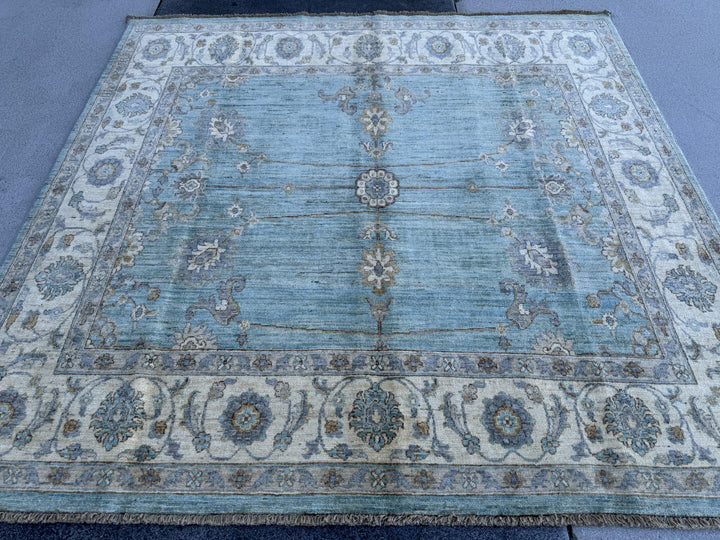 6x6 Square Handmade Afghan Wool Rug | Aqua Blue and Cream Floral Area Rug | Soft Muted Oushak Style | Hand-Knotted Carpet