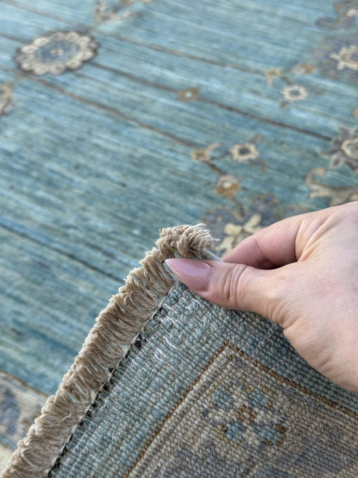 6x6 Square Handmade Afghan Wool Rug | Aqua Blue and Cream Floral Area Rug | Soft Muted Oushak Style | Hand-Knotted Carpet