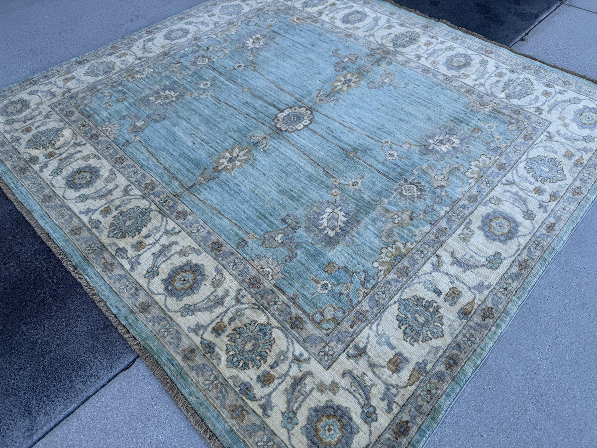 6x6 Square Handmade Afghan Wool Rug | Aqua Blue and Cream Floral Area Rug | Soft Muted Oushak Style | Hand-Knotted Carpet
