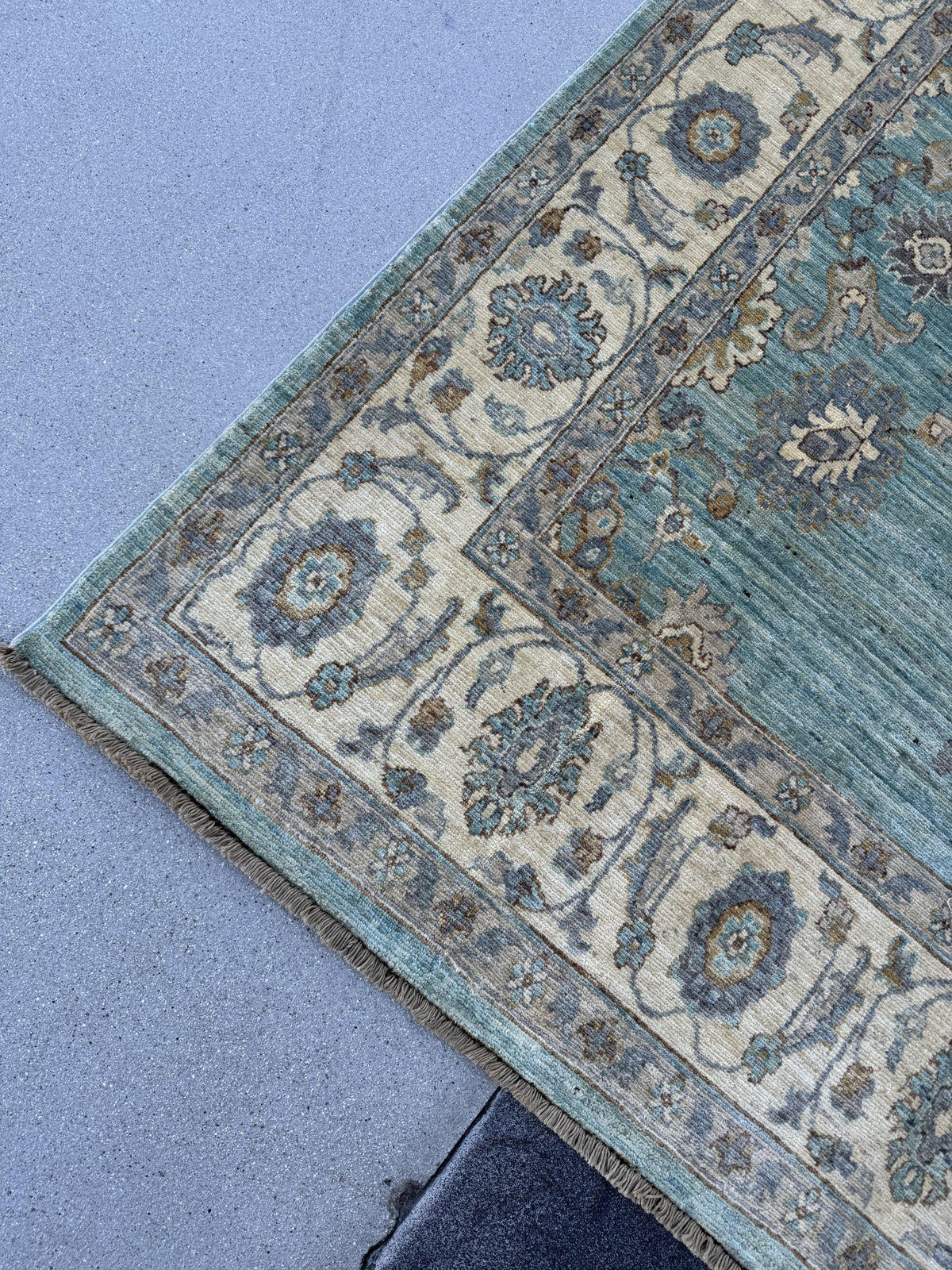 6x6 Square Handmade Afghan Wool Rug | Aqua Blue and Cream Floral Area Rug | Soft Muted Oushak Style | Hand-Knotted Carpet