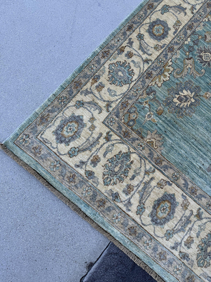 6x6 Square Handmade Afghan Wool Rug | Aqua Blue and Cream Floral Area Rug | Soft Muted Oushak Style | Hand-Knotted Carpet