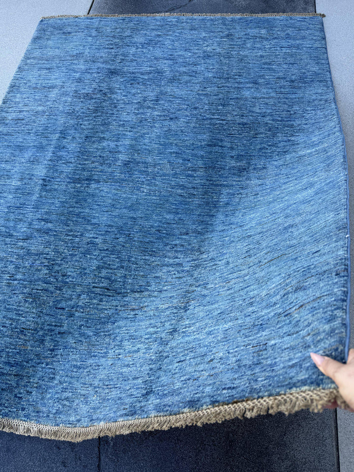 5x7 Handmade Afghan Wool Rug | Solid Denim Blue Modern Area Rug | Minimalist Abrash Texture | Hand-Knotted Contemporary Carpet