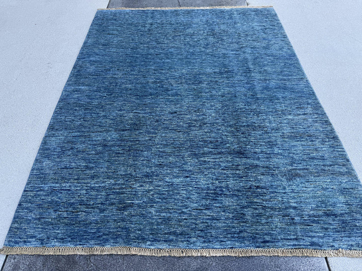 5x7 Handmade Afghan Wool Rug | Solid Denim Blue Modern Area Rug | Minimalist Abrash Texture | Hand-Knotted Contemporary Carpet