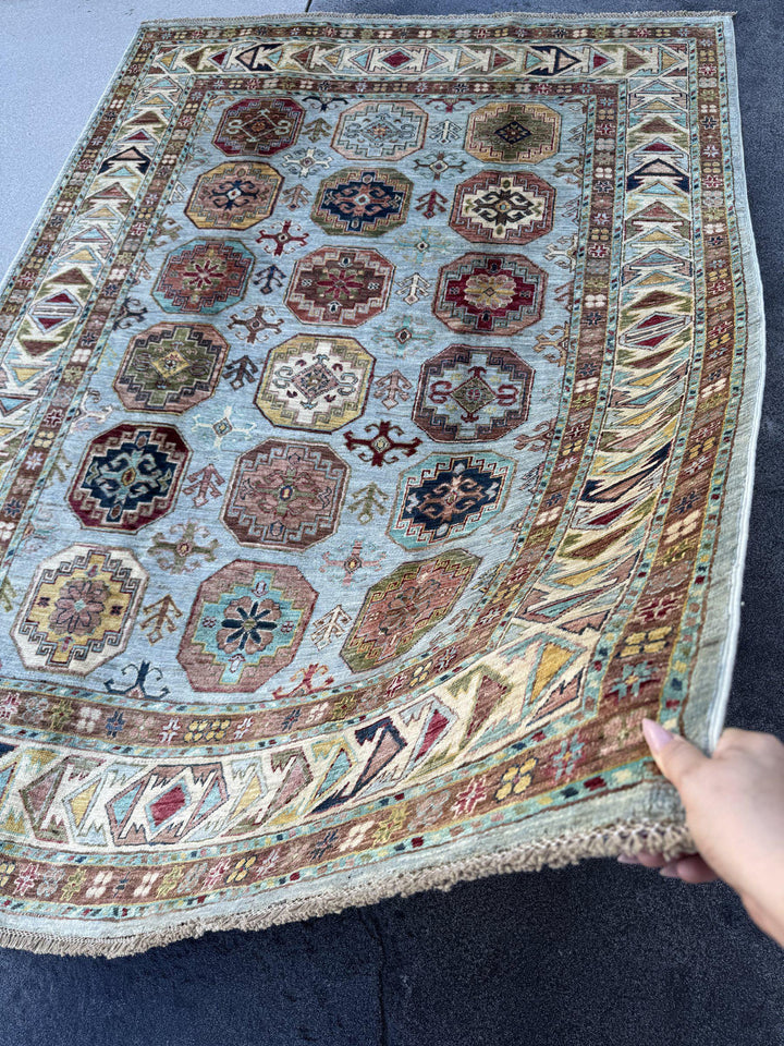 5x7 Handmade Afghan Wool Rug | Light Blue and Ivory Kazak Geometric Medallion Area Rug | Hand-Knotted Tribal Carpet