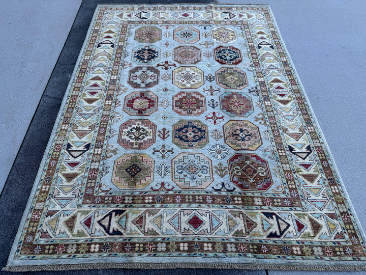 5x7 Handmade Afghan Wool Rug | Light Blue and Ivory Kazak Geometric Medallion Area Rug | Hand-Knotted Tribal Carpet