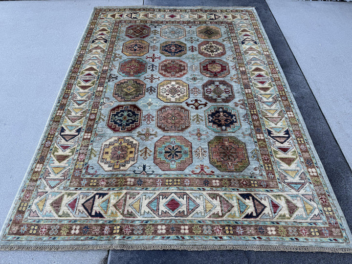 5x7 Handmade Afghan Wool Rug | Light Blue and Ivory Kazak Geometric Medallion Area Rug | Hand-Knotted Tribal Carpet