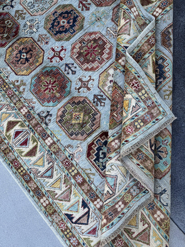 5x7 Handmade Afghan Wool Rug | Light Blue and Ivory Kazak Geometric Medallion Area Rug | Hand-Knotted Tribal Carpet