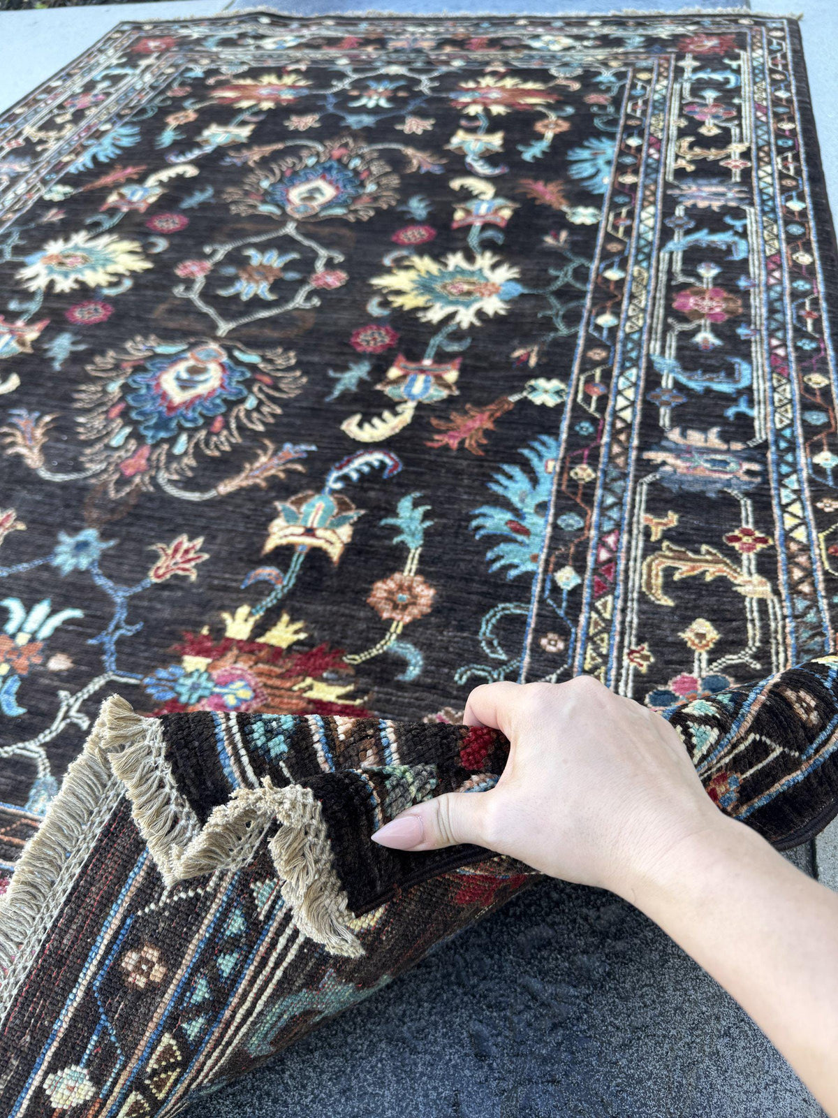 5x7 Handmade Afghan Wool Rug | Dark Chocolate Brown Floral Area Rug | Sky Blue, Coral and Gold Accents | Hand-Knotted Carpet