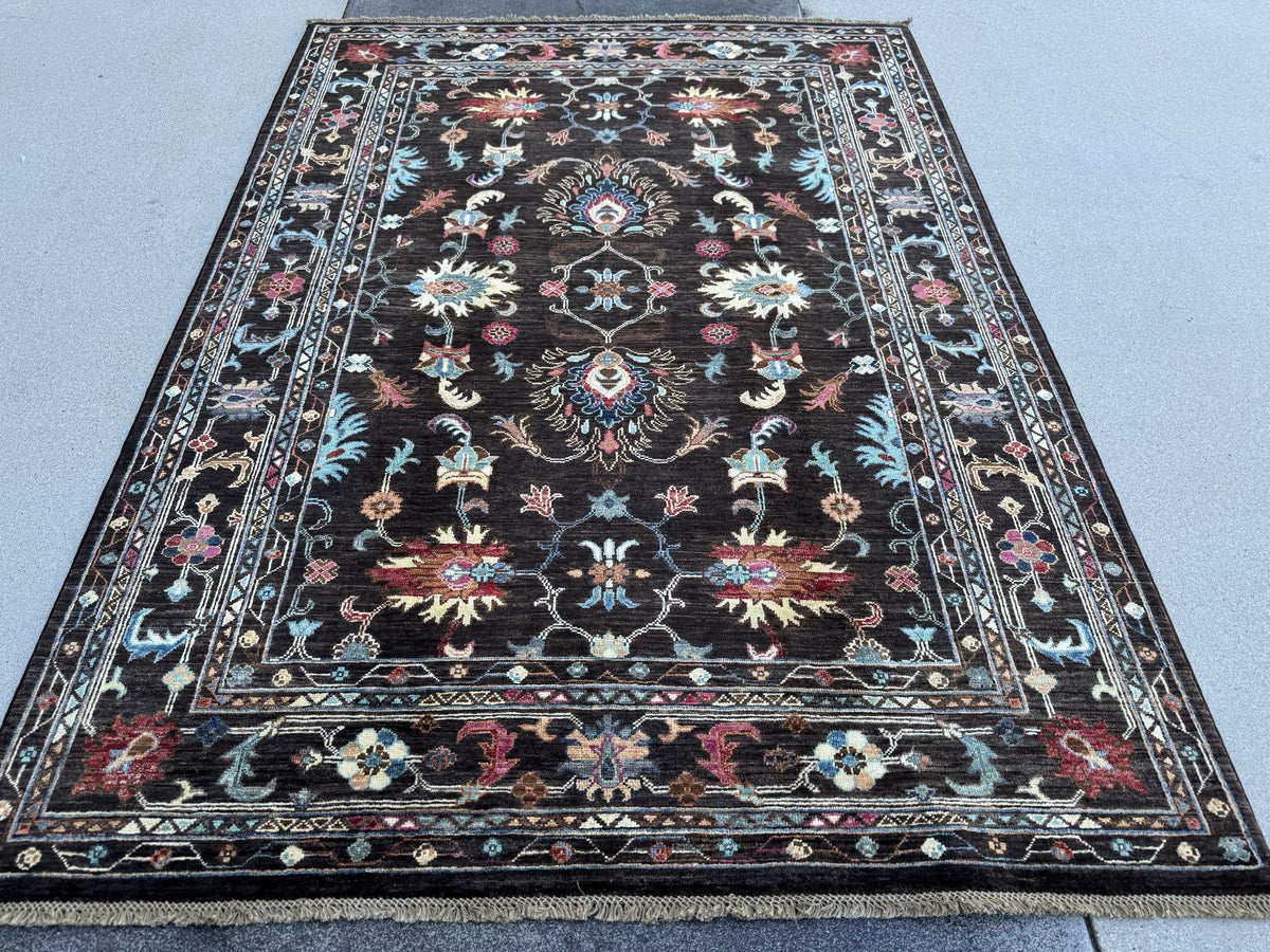 5x7 Handmade Afghan Wool Rug | Dark Chocolate Brown Floral Area Rug | Sky Blue, Coral and Gold Accents | Hand-Knotted Carpet