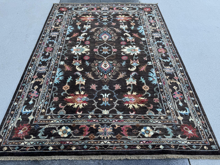 5x7 Handmade Afghan Wool Rug | Dark Chocolate Brown Floral Area Rug | Sky Blue, Coral and Gold Accents | Hand-Knotted Carpet