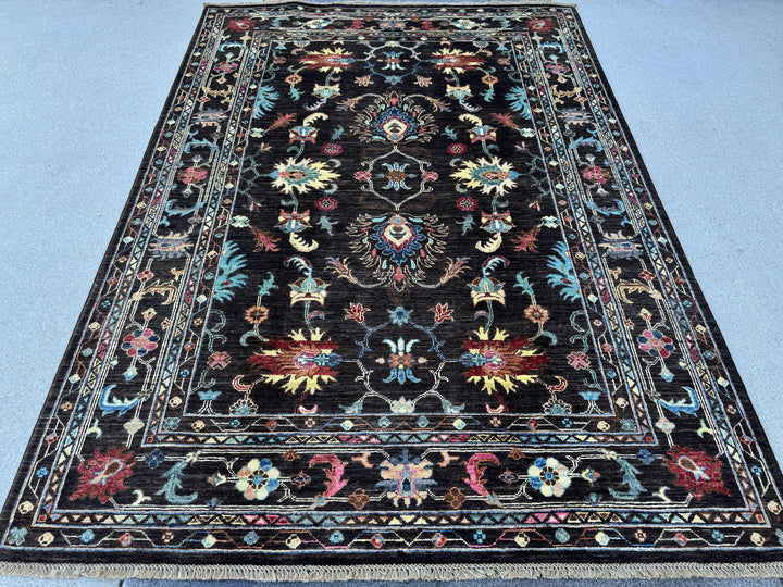 5x7 Handmade Afghan Wool Rug | Dark Chocolate Brown Floral Area Rug | Sky Blue, Coral and Gold Accents | Hand-Knotted Carpet