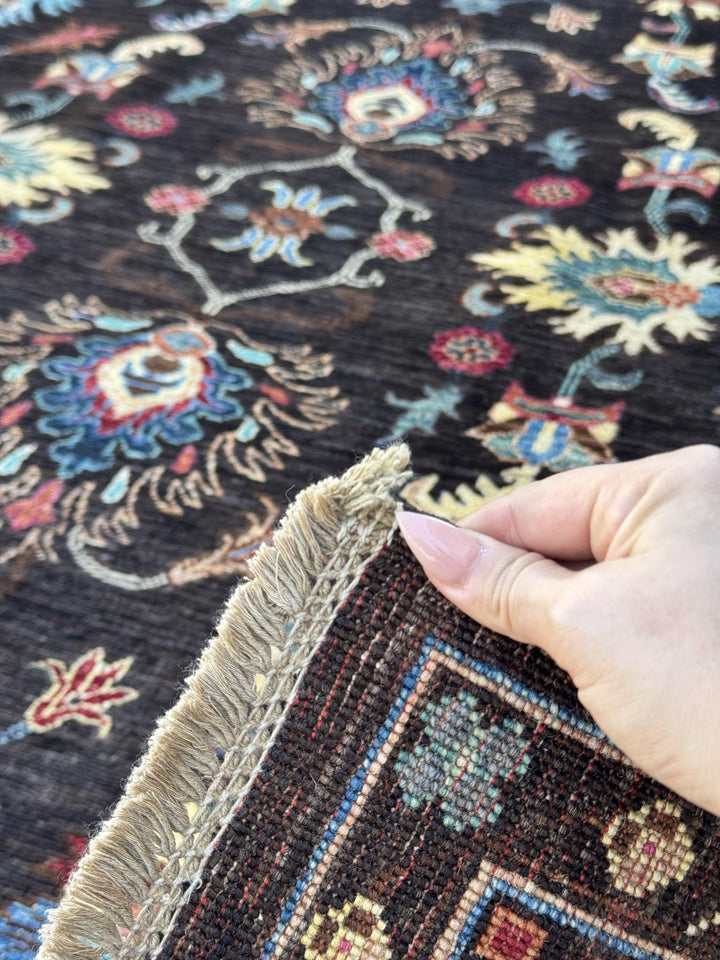 5x7 Handmade Afghan Wool Rug | Dark Chocolate Brown Floral Area Rug | Sky Blue, Coral and Gold Accents | Hand-Knotted Carpet