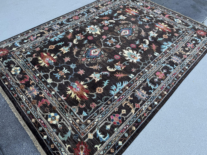 5x7 Handmade Afghan Wool Rug | Dark Chocolate Brown Floral Area Rug | Sky Blue, Coral and Gold Accents | Hand-Knotted Carpet