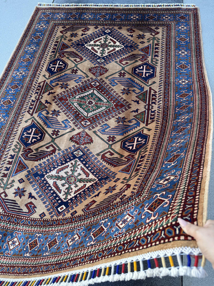5x7 Handmade Afghan Wool Rug | Camel Tan and Cornflower Blue Kazak Geometric Area Rug | Hand-Knotted Tribal Carpet