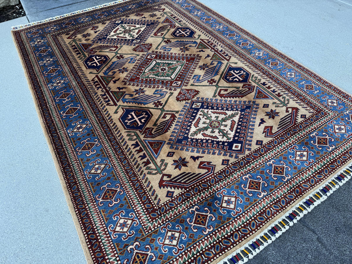 5x7 Handmade Afghan Wool Rug | Camel Tan and Cornflower Blue Kazak Geometric Area Rug | Hand-Knotted Tribal Carpet