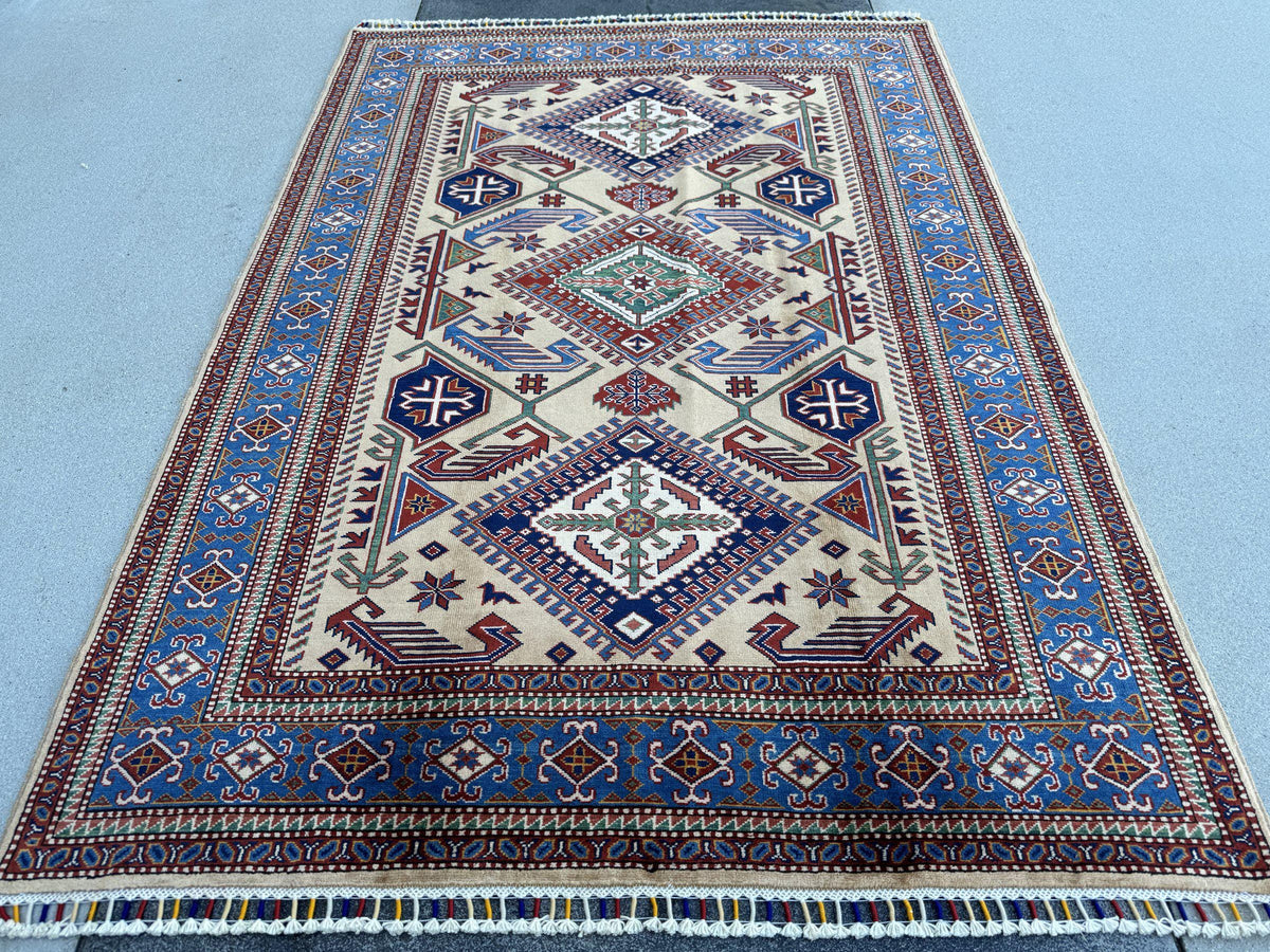 5x7 Handmade Afghan Wool Rug | Camel Tan and Cornflower Blue Kazak Geometric Area Rug | Hand-Knotted Tribal Carpet