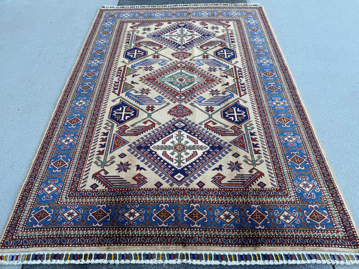 5x7 Handmade Afghan Wool Rug | Camel Tan and Cornflower Blue Kazak Geometric Area Rug | Hand-Knotted Tribal Carpet