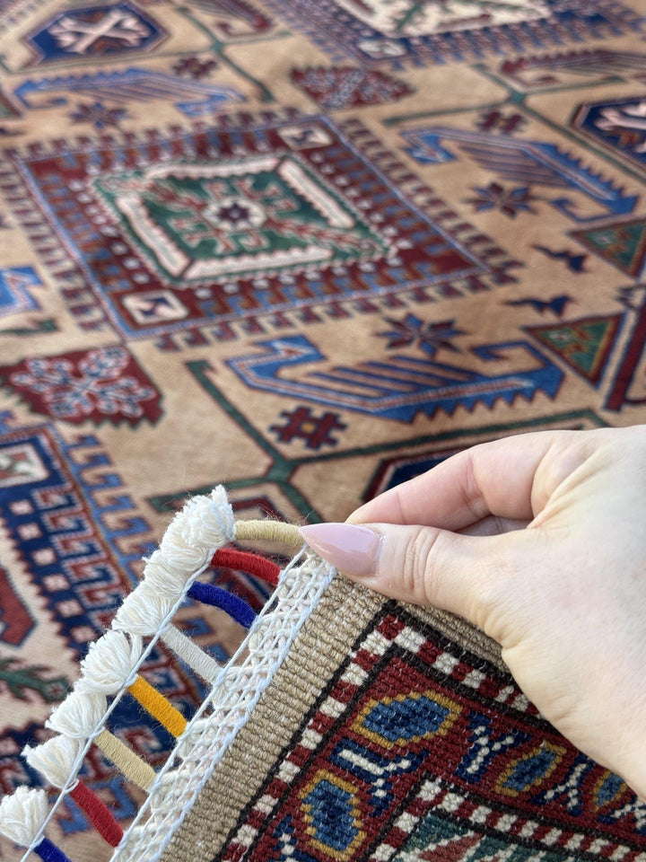 5x7 Handmade Afghan Wool Rug | Camel Tan and Cornflower Blue Kazak Geometric Area Rug | Hand-Knotted Tribal Carpet