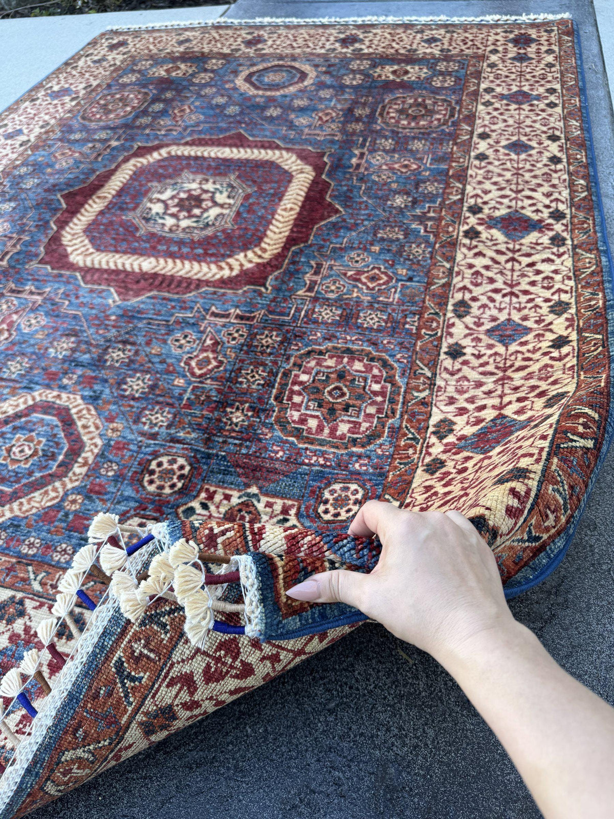 5x7 Handmade Afghan Wool Rug | Blue and Burgundy Mamluk Medallion Area Rug | Ivory Border | Hand-Knotted Traditional Carpet