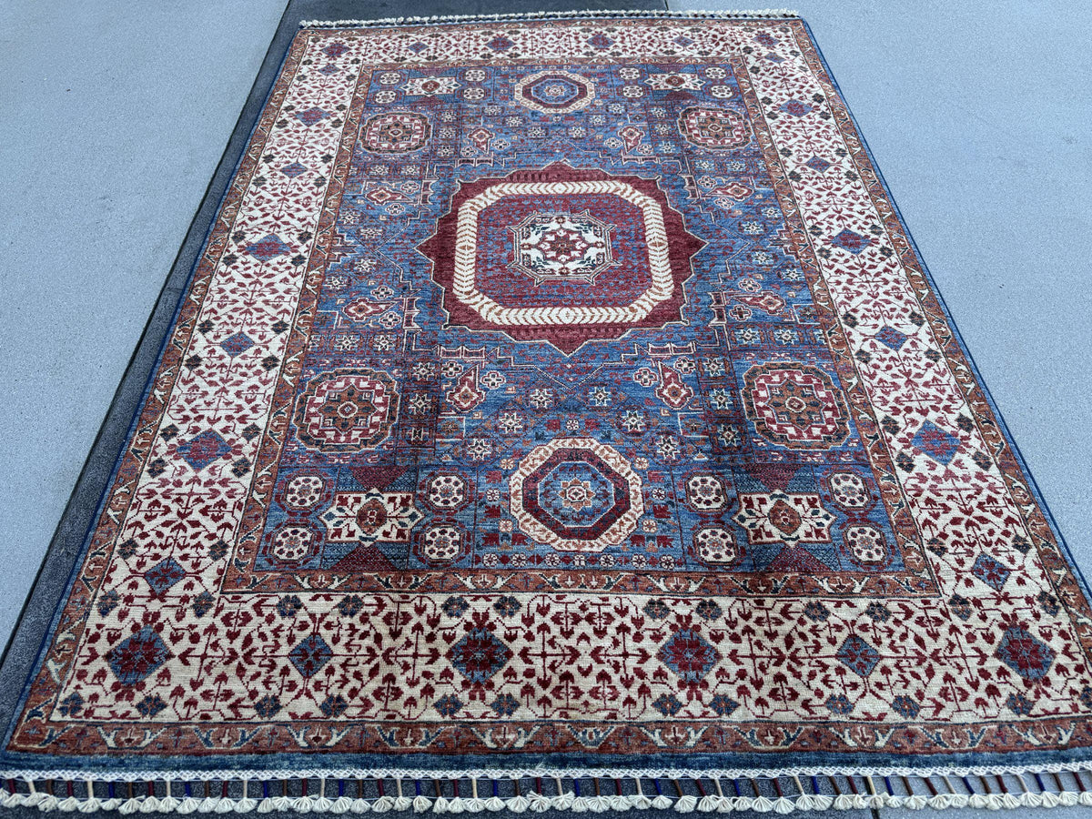5x7 Handmade Afghan Wool Rug | Blue and Burgundy Mamluk Medallion Area Rug | Ivory Border | Hand-Knotted Traditional Carpet