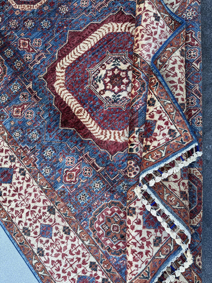 5x7 Handmade Afghan Wool Rug | Blue and Burgundy Mamluk Medallion Area Rug | Ivory Border | Hand-Knotted Traditional Carpet