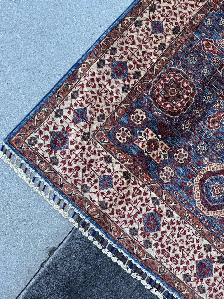 5x7 Handmade Afghan Wool Rug | Blue and Burgundy Mamluk Medallion Area Rug | Ivory Border | Hand-Knotted Traditional Carpet