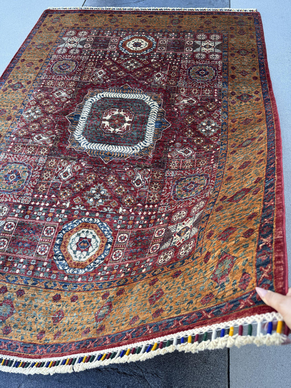 6x8 Handmade Afghan Wool Rug | Burgundy Red and Gold Mamluk Medallion Area Rug | Hand-Knotted Traditional Carpet