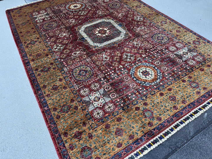6x8 Handmade Afghan Wool Rug | Burgundy Red and Gold Mamluk Medallion Area Rug | Hand-Knotted Traditional Carpet