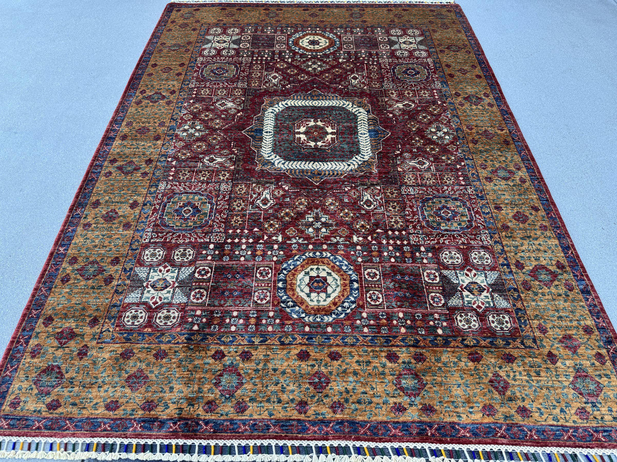 6x8 Handmade Afghan Wool Rug | Burgundy Red and Gold Mamluk Medallion Area Rug | Hand-Knotted Traditional Carpet