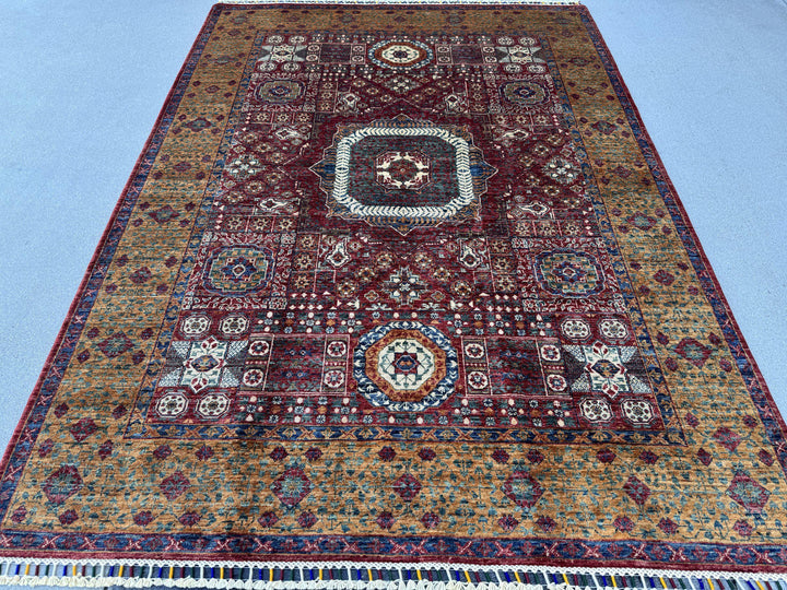 6x8 Handmade Afghan Wool Rug | Burgundy Red and Gold Mamluk Medallion Area Rug | Hand-Knotted Traditional Carpet