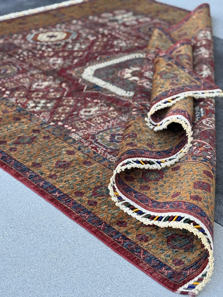 6x8 Handmade Afghan Wool Rug | Burgundy Red and Gold Mamluk Medallion Area Rug | Hand-Knotted Traditional Carpet