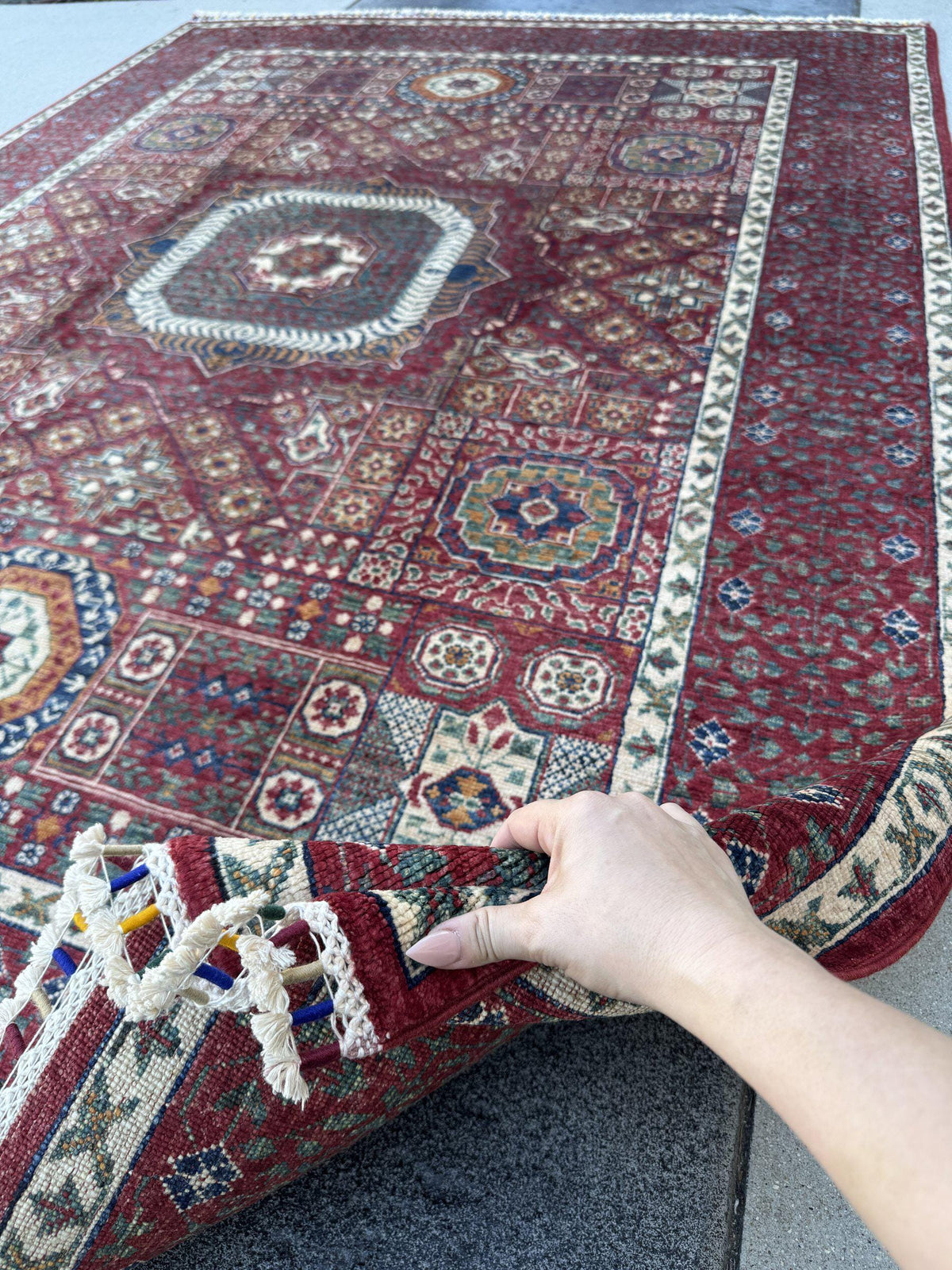 6x8 Handmade Afghan Wool Rug | Crimson Red Mamluk Medallion Area Rug | Ivory and Navy Accents | Hand-Knotted Traditional Carpet