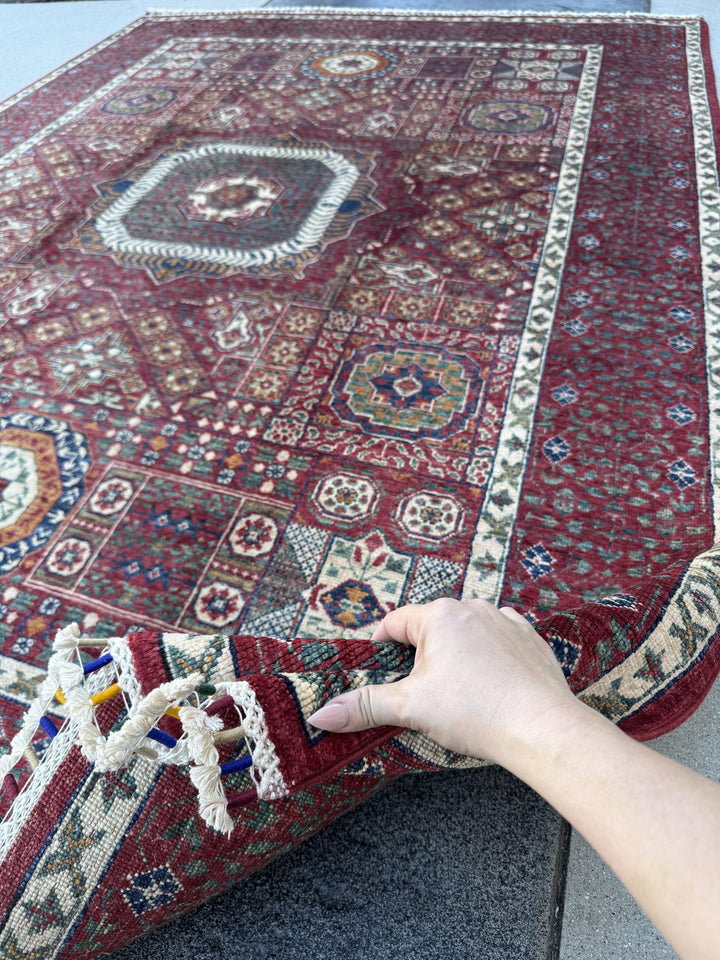 6x8 Handmade Afghan Wool Rug | Crimson Red Mamluk Medallion Area Rug | Ivory and Navy Accents | Hand-Knotted Traditional Carpet