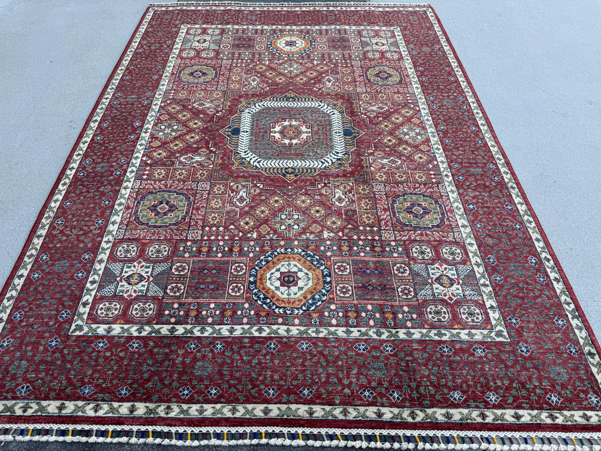6x8 Handmade Afghan Wool Rug | Crimson Red Mamluk Medallion Area Rug | Ivory and Navy Accents | Hand-Knotted Traditional Carpet