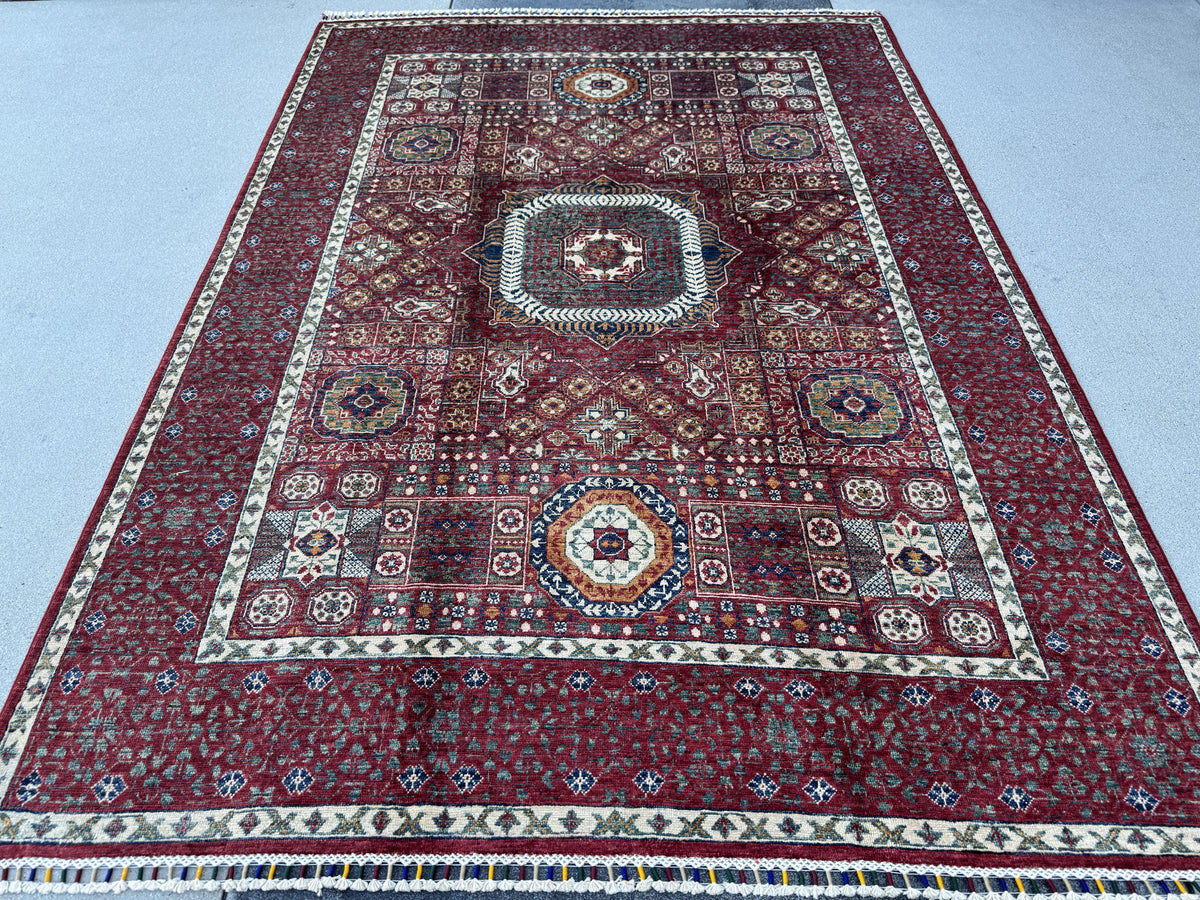 6x8 Handmade Afghan Wool Rug | Crimson Red Mamluk Medallion Area Rug | Ivory and Navy Accents | Hand-Knotted Traditional Carpet