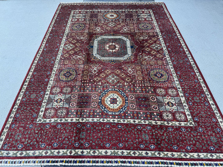 6x8 Handmade Afghan Wool Rug | Crimson Red Mamluk Medallion Area Rug | Ivory and Navy Accents | Hand-Knotted Traditional Carpet